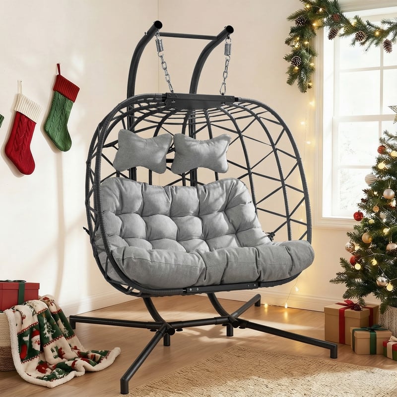 Oversized Outdoor Double Swing Egg Chair, 700 lbs Capacity 2-Person Hanging Egg Chair Swing with Cushion - Light Grey/Grey