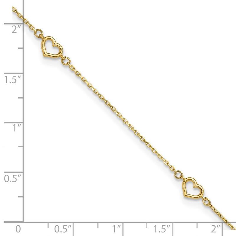 Curata 14k Yellow Gold 10+1" Polished Open Heart Station Rolo Chain Anklet (Spring-ring)