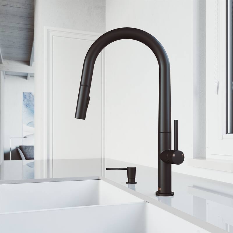 VIGO Greenwich 18" H Single Handle Pull-Down Sprayer Kitchen Faucet - With Soap Dispenser - Matte Black