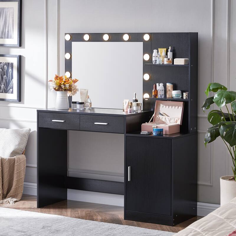Makeup Vanity Desk with LED Lighted Mirror,Makeup Table with Drawers & Cabinet,Storage Stool,for Bedroom