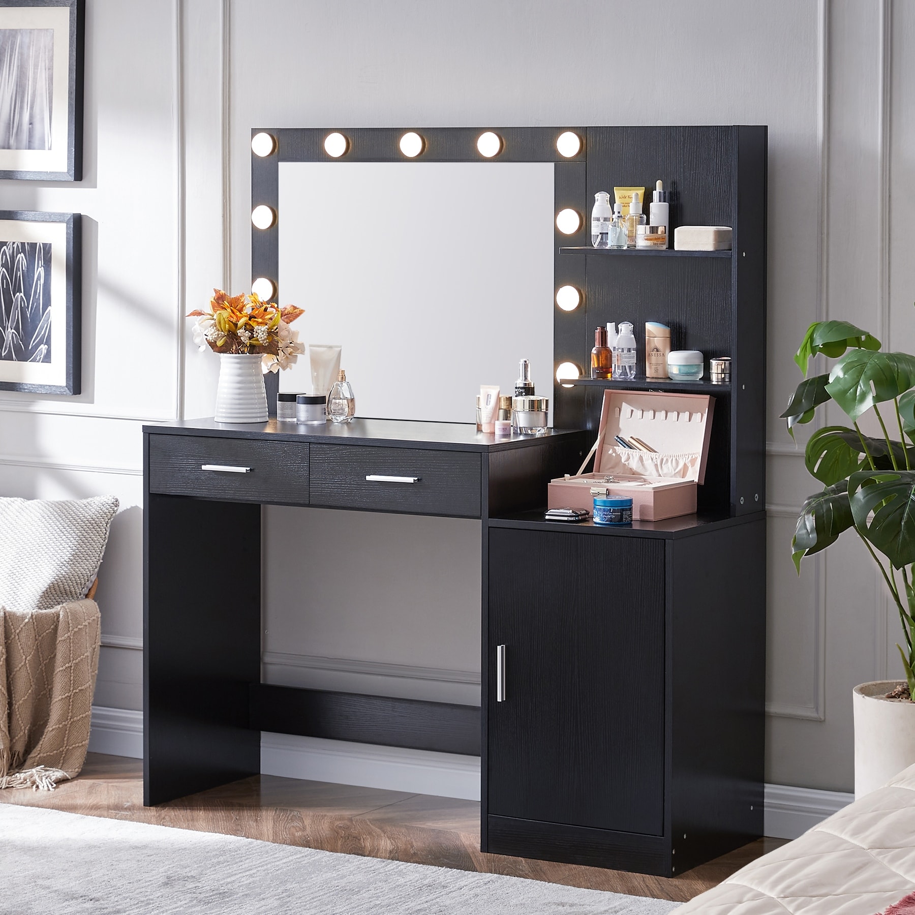 Vanity Desk With Mirror And Lights, Dressing Table With 2 Large Drawer, 3 Level Dresser & 3 Lighting Modes Adjustable Brightness