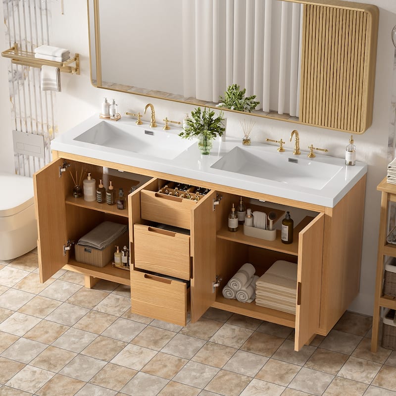 59.3" Bathroom Vanity with 4 Doors & 3 Drawers, Handle-Free Design, Soft-Close Hinges, Hidden Drawer Slides, SMC Resin Top