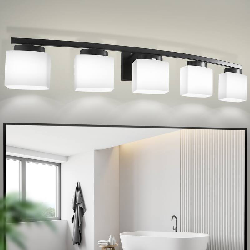 YANSUN 41.3 in. 5-Light Matte Black Industrial Vintage Vanity Light Fixtures for Bathroom with White Glass Shades - 41.3*7.5*6.5