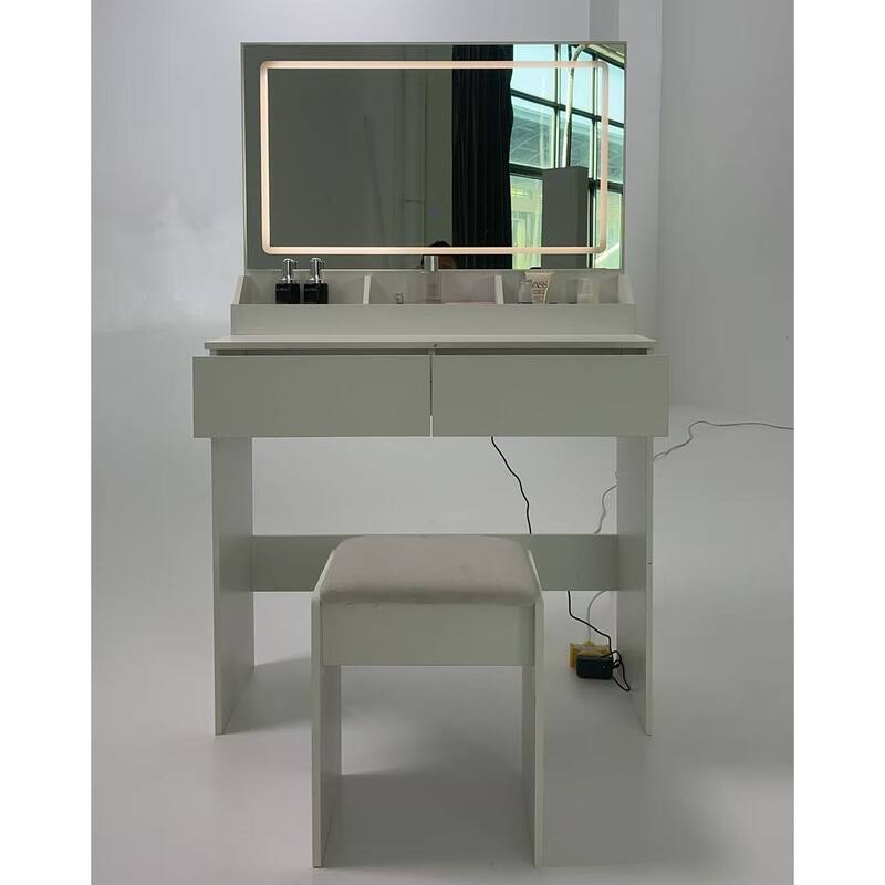 31" x 20" Extra Large LED Mirror Makeup Vanity Table with Stool, Touch Control, Adjustable Brightness & Storage
