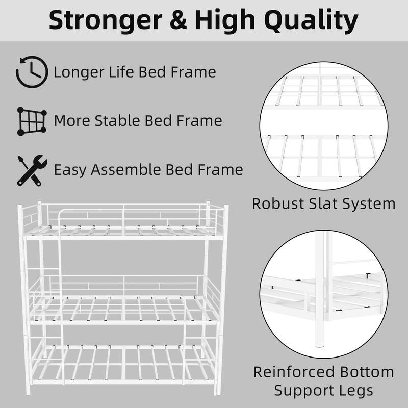 Heavy-duty triple frame bed with built-in ladder and full-length railing