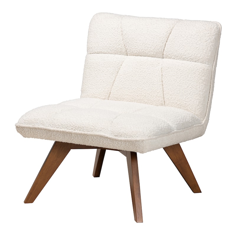 Darielle Japandi Cream Boucle Fabric and Walnut Brown Finished Rubberwood Accent Chair - White, Walnut Brown
