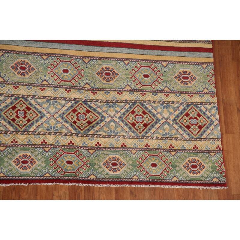 Striped Kazak Geometric Area Rug Wool Carpet - 9'10" x 12'9"
