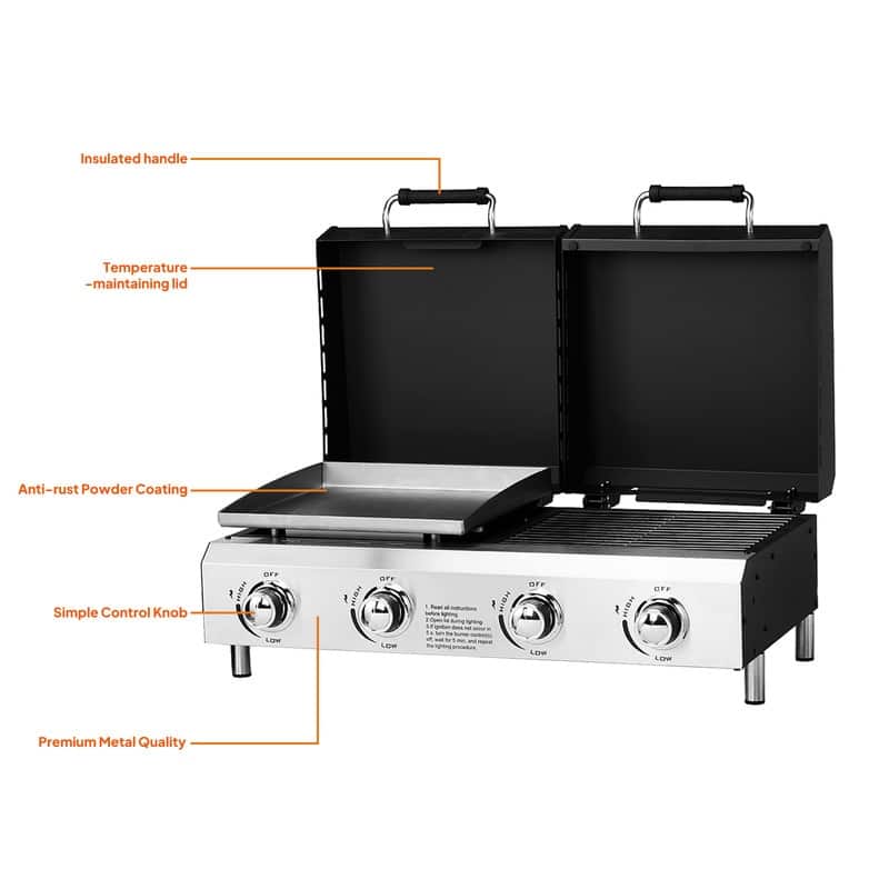 4 Burner Tabletop Flat Top Griddle And Grill 2-In-1 Propane Gas Grill And Griddle Combo With Lid - N/A