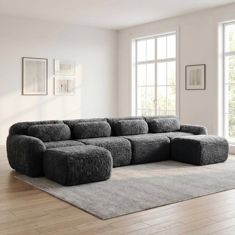 Homy Casa Modular Sectional Sofa, Dark Grey Plush Fabric with Non-Slip Base, No Assembly Living Room Couch with Pillows - G10