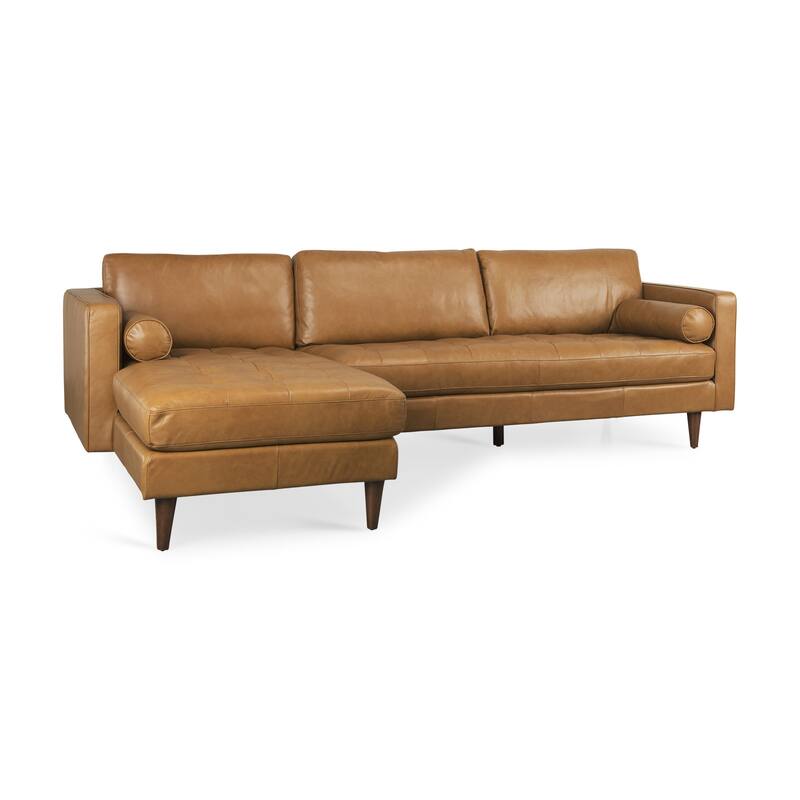 HomeRoots Tan Genuine Leather L Shaped Sofa and Chaise Sectional With Toss Pillows