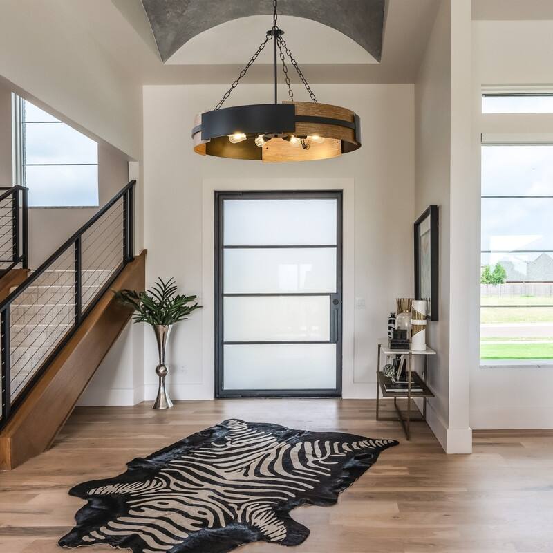 Farmhouse Drum Chandelier Wood Grain Rustic Industrial Round Metal Pendant Light