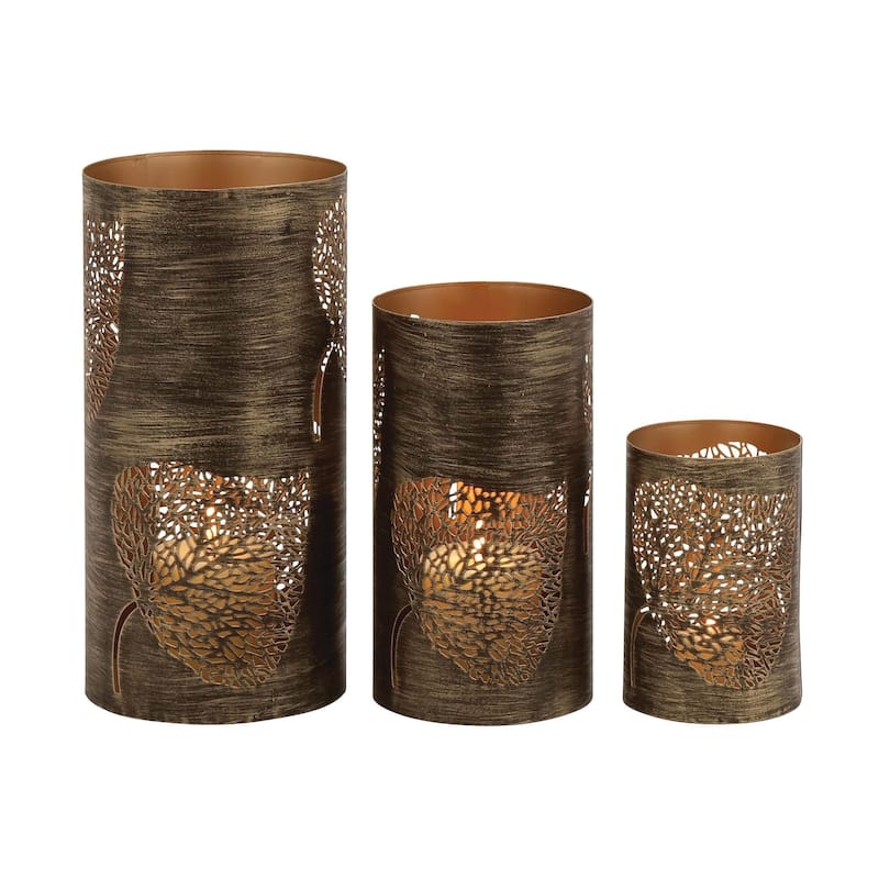 Metal Leaf Decorative Indoor Outdoor Candle Lantern with Gold Interior - Set of 3 Gold or Copper - Roche River Decor - Copper - 12", 9", 5"H