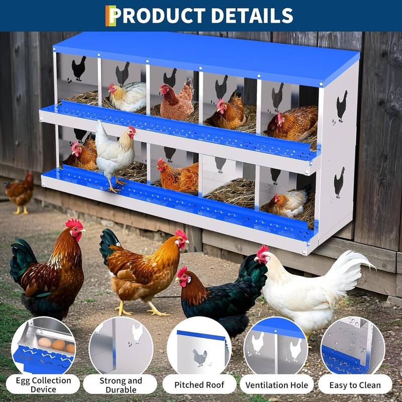 10 Compartment Metal Chicken Nesting Box, Laying Box for Hens Ducks Rabbits, Blue