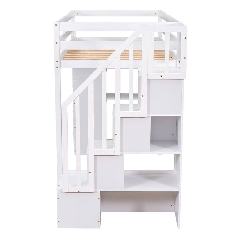 Twin-Size Loft Bed with Storage Drawers and Stairs, Wooden Loft Bed with Shelves for Teens