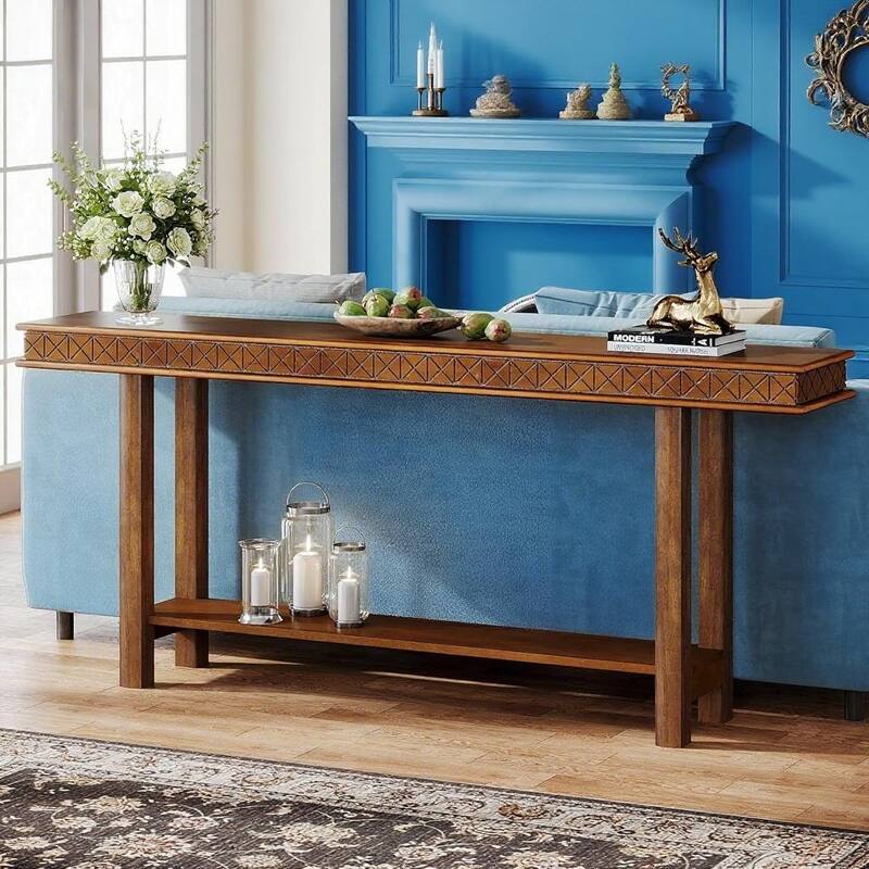 Brown Wood Particleboard Console Table with Long Top and Storage Shelf - 70.9” L x 11.81” W x 33.5” H