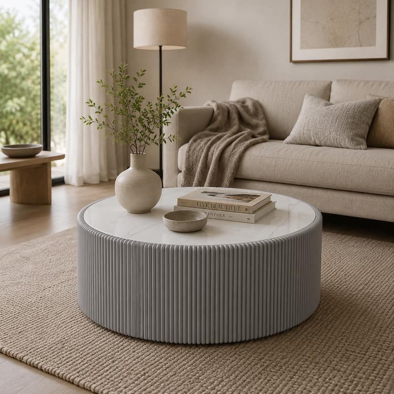 GDFStudio - Modern Sintered Stone Top Round Coffee Table with PU Leather Wrapped Cylinder Base - Grey,White+Gold