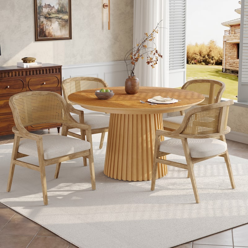 Christopher Knight Home - Mid-Century Modern Upholstered Cane Back Dining Chairs with Rubberwood Frame - Set of 4 - Beige+Natural