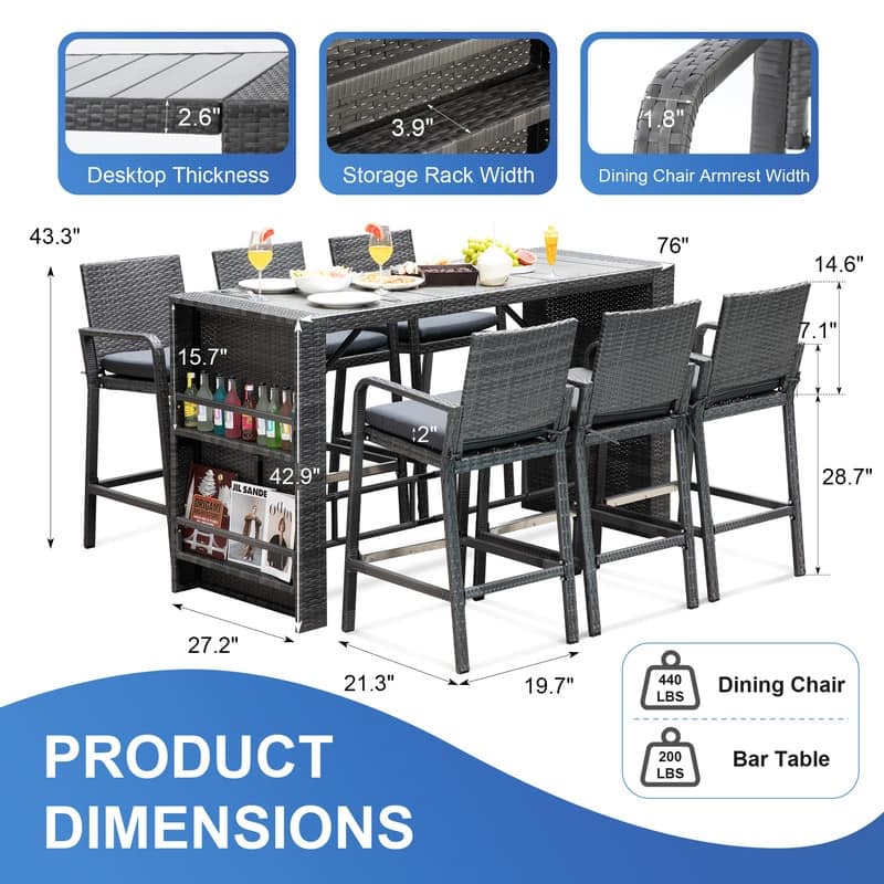 FINCATI Outdoor Oversized PE Wicker Bar Height Table and Chairs, Luxury Comfy Indoor Rectangular Bar Set for Four/ Six Persons
