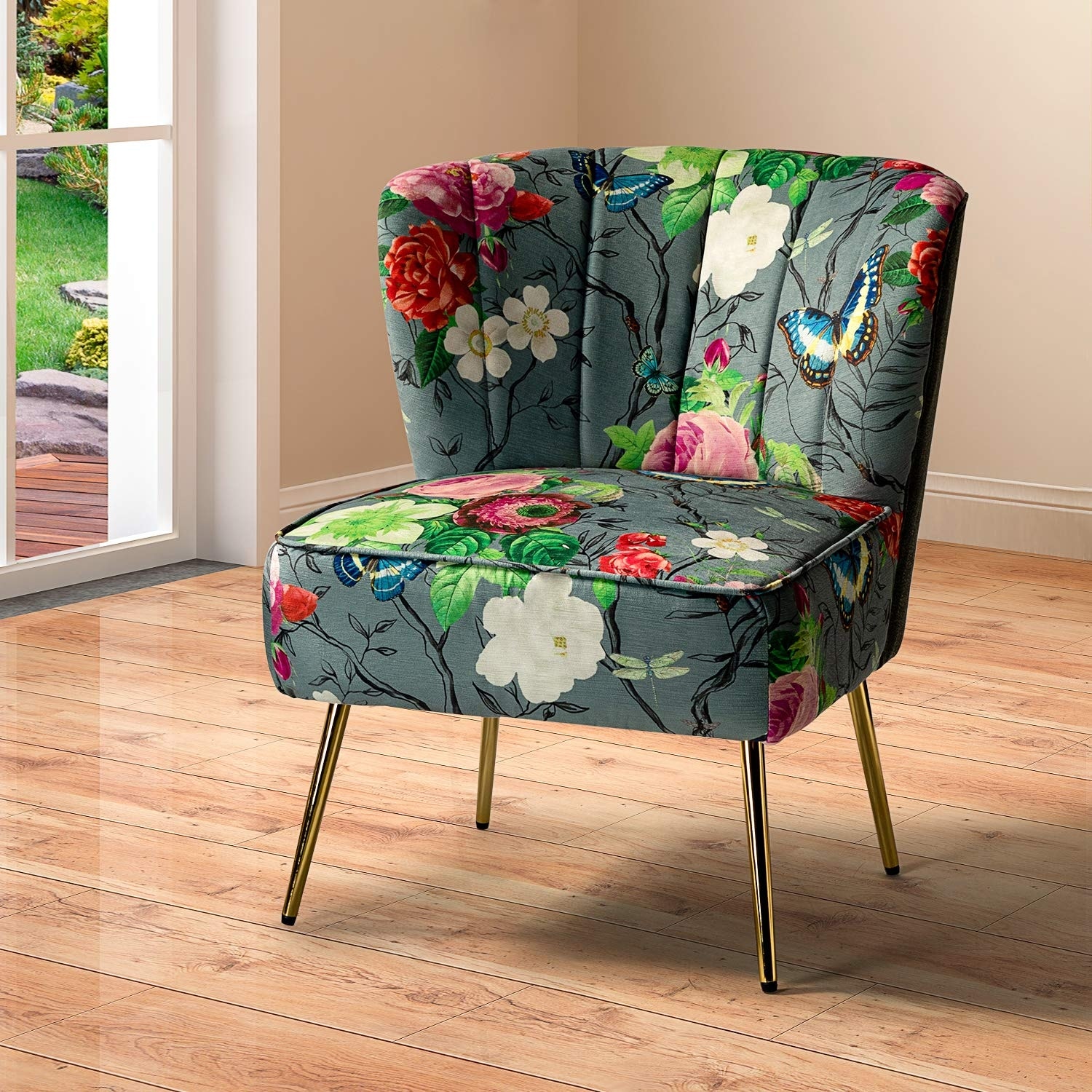 Armless Accent Chair with Gold Metal Legs, Comfy Tufted Floral