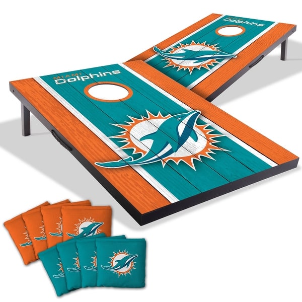 slide 2 of 7, Miami Dolphins NFL Compact 2x3 Tailgate Cornhole Board Set Include Carrying Case