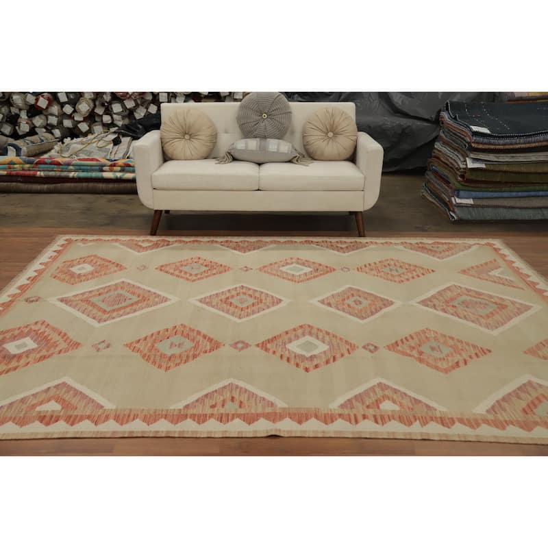 Hand Woven Oriental 100% Wool Carpet Southwestern Tribal Beige & Ivories Kilim Area Rug - 9' 8'' X 7' 11''