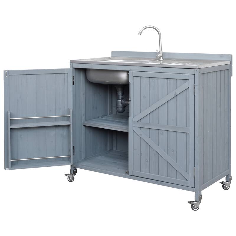 39.4" Outdoor Kitchen Island with Sink, Outdoor Kitchen Sink Station w/ 304 Stainless Steel Sink, Hose Hook Up & Faucet