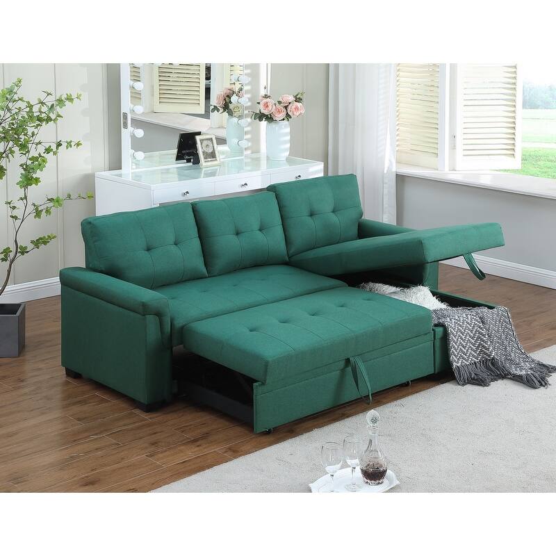 Solid Wood Frame Linen Reversible Sleeper Sectional Sofa with Storage Chaise