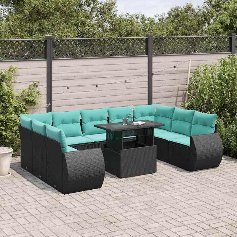vidaXL 10 Piece Patio Sofa Set with Cushions Black/Brown/Gray Poly Rattan - Black without storage