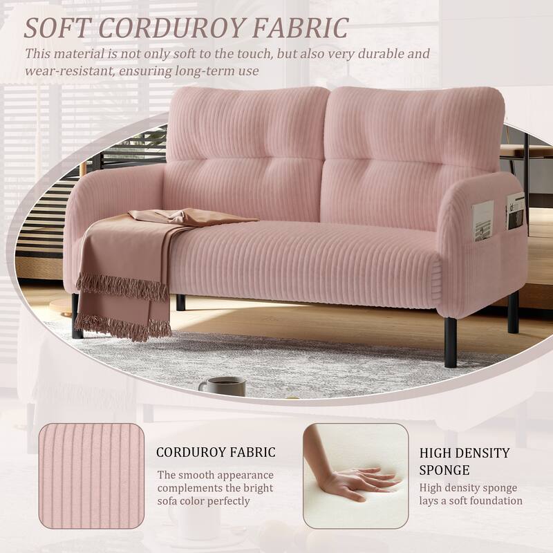 Small Corduroy Upholstered Loveseat Sofa, Lounge Sofa Chair with Double Side Pockets, High-Density Sponge 2 Seater Sofa