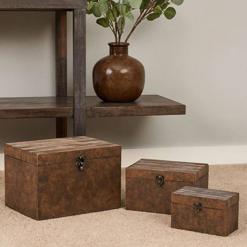 Wooden Lift Top Storage Box with Grain Details, Set of 3, Brown