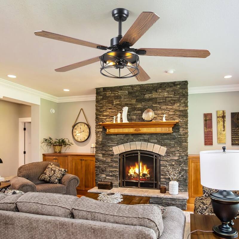 52 Inch Indoor and Outdoor Farmhouse Ceiling Fan with Light DC motor Wooden Blades Waterproof