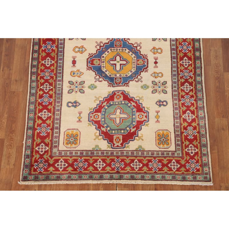 Beige Geometric Kazak Area Rug Hand-Knotted Wool Carpet - 4'2" x 5'9"