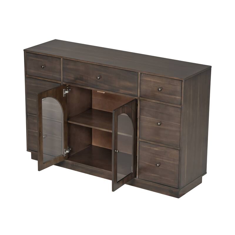 Rustic Wooden Storage Cabinet, Freestanding Buffet Sideboard With Glass Door 7 Drawers Hallway Decorative Cabinet