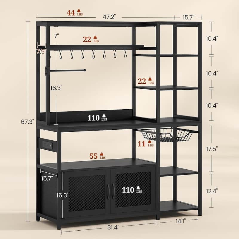 Kitchen Baker's Rack Storage Cabinet Microwave Stand Power Outlets