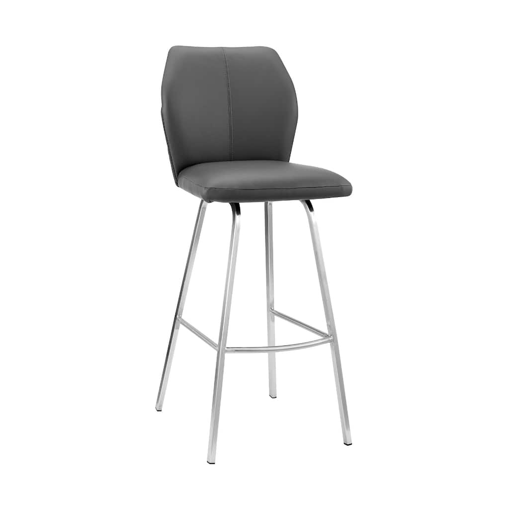 Grey Faux Leather Counter Height Bar Chair with Silver Iron Frame and Full Back - 22” x 17” x 38” (D x W x H)