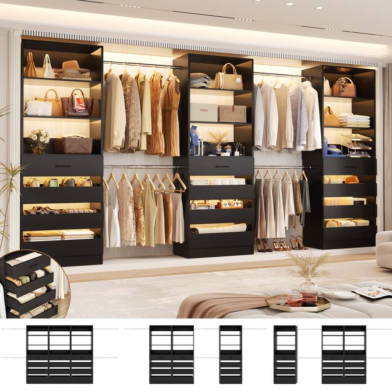 140'' Walk-in Closet Organizer System with 12 Drawers ＆ 4 Hanging Rods, 8.5-11.5FT Wooden Wardrobe Clothes Rack with 3 Towers - Black