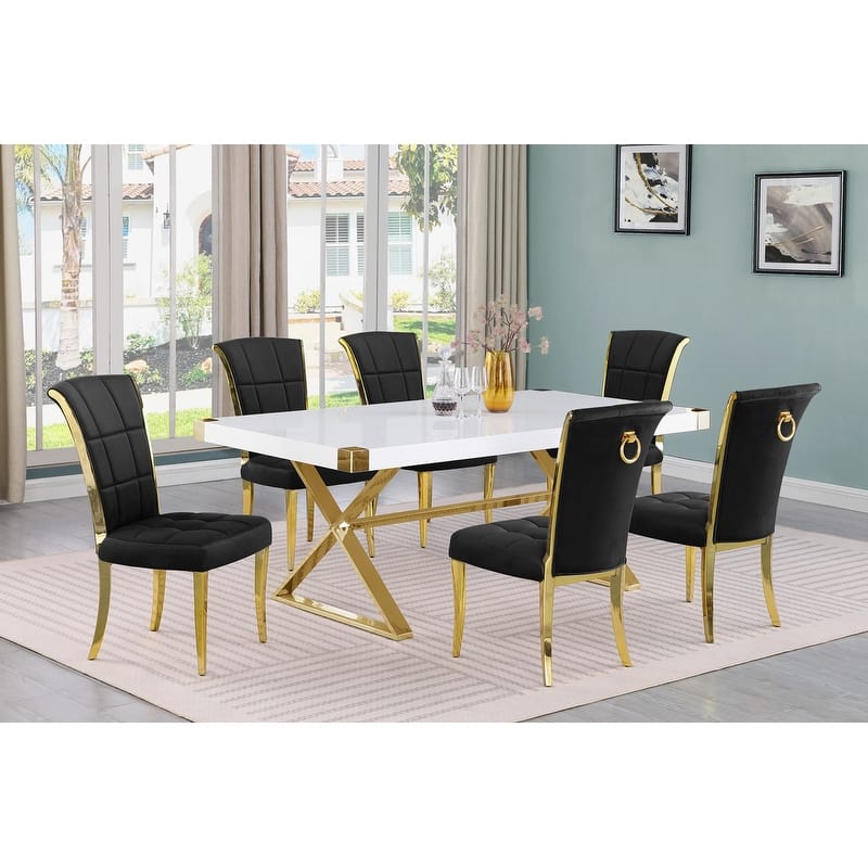 Best Quality Furniture D440/1-SC320-7 Dining Set 78" White Lacquer Wood Top - Black/Gold - 7 Piece