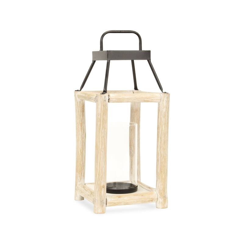 18" Natural And Black Glass Metal And Wood Tabletop Lantern Candle Holder - Large