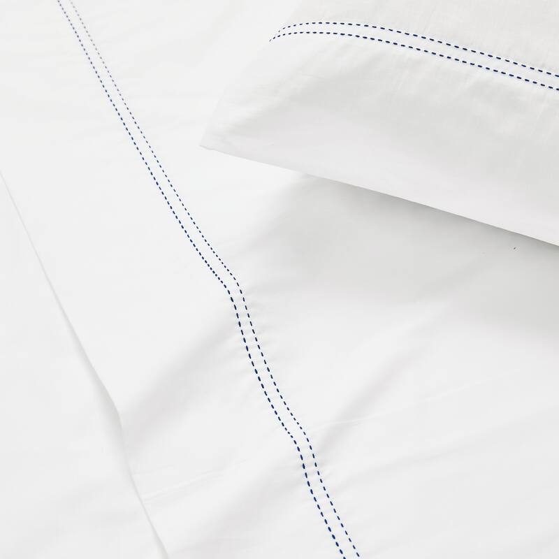SCOUT Pick Stitch Cotton Percale Sheet Set - Queen - White/Navy