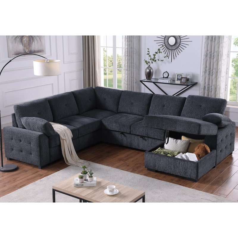 Convertible Pull-out Sectional Sofa Loveseat Sleeper with Storage and Pillows