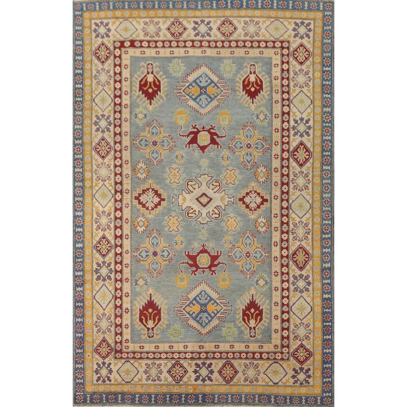 Geometric Kazak Area Rug Handmade Oriental Blue Wool Carpet - 6'7" x 9'10"