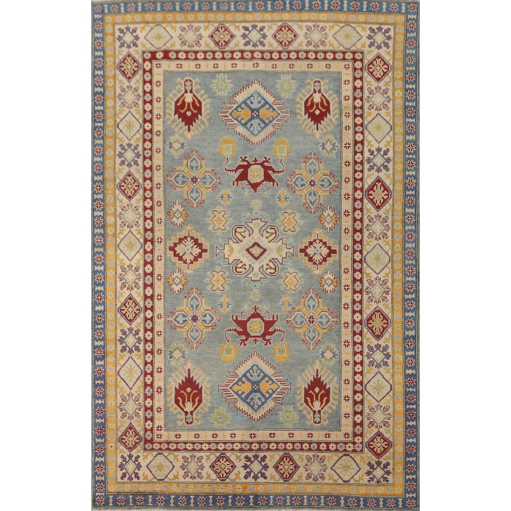 Geometric Kazak Area Rug Handmade Oriental Blue Wool Carpet - 6'7" x 9'10"