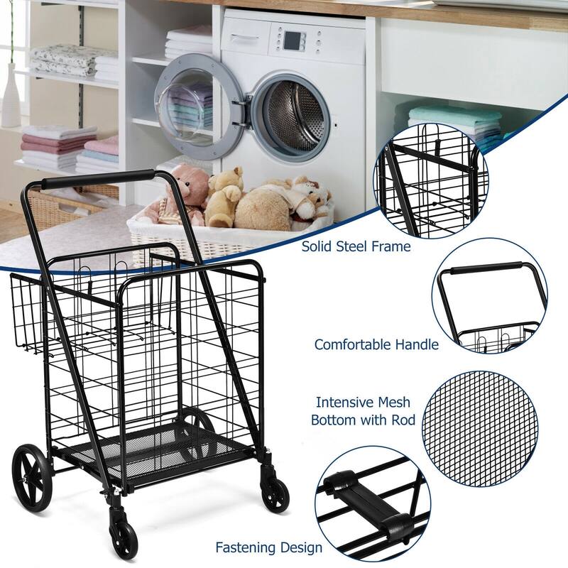 Multi-Purpose Foldable Grocery Cart with 360 Degree Front Wheels and Large Basket and Back Storage - 25" x 25" x 40"(L x W x H)