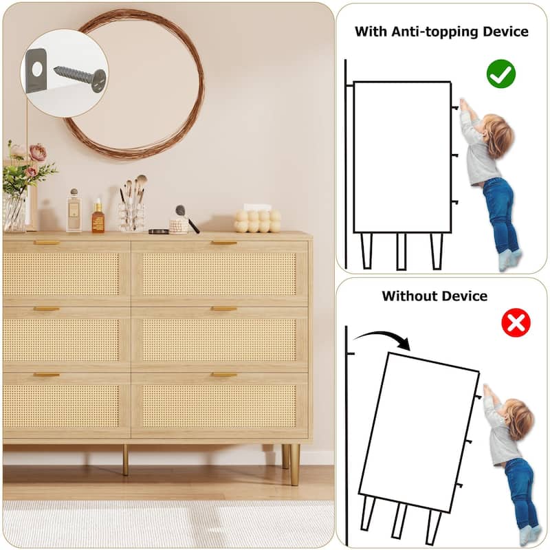 6 Drawers Tall Rattan Dresser, with Metal Legs and Handles