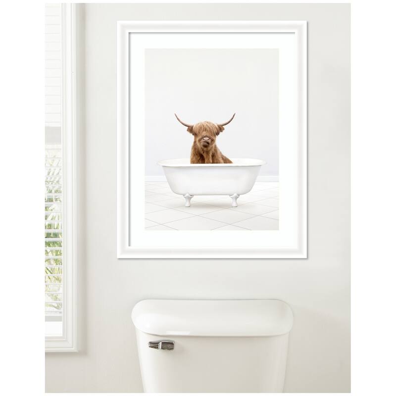 Kate and Laurel Highland Cow Solo Bathtub by Amy Peterson Framed Wall Art Print
