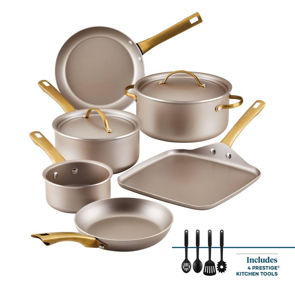 Farberware Radiant Nonstick Cookware Set with Prestige Tools, 12 Piece, Champagne