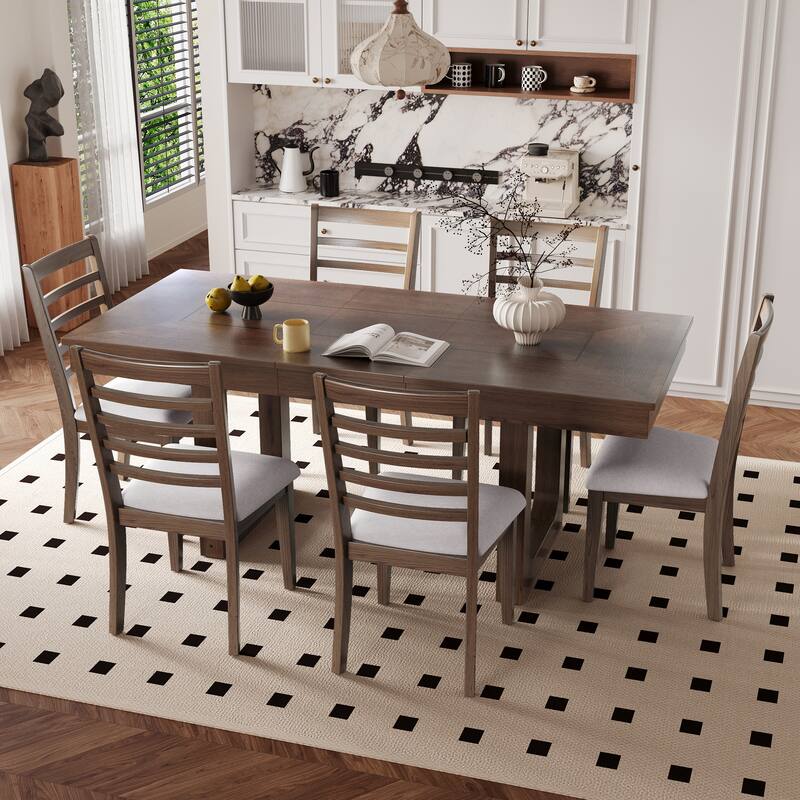 Kitchen Table Chairs Set for 7, Extendable Dining Table Set with Wooden Rectangular Kitchen Table & 6 Upholstered Chairs