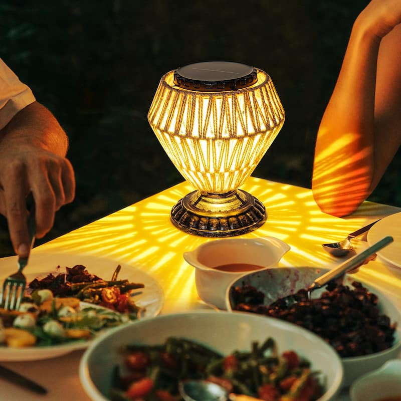 Solar Panel Rattan Woven Lights Dimmable Nightstand Desk Lamp Outdoor Indoor Decorative