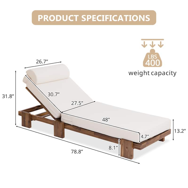 78.8-inch Outdoor Patio Lounge Chair with Adjustable Recliner, Headrest, and Retractable Side Tray