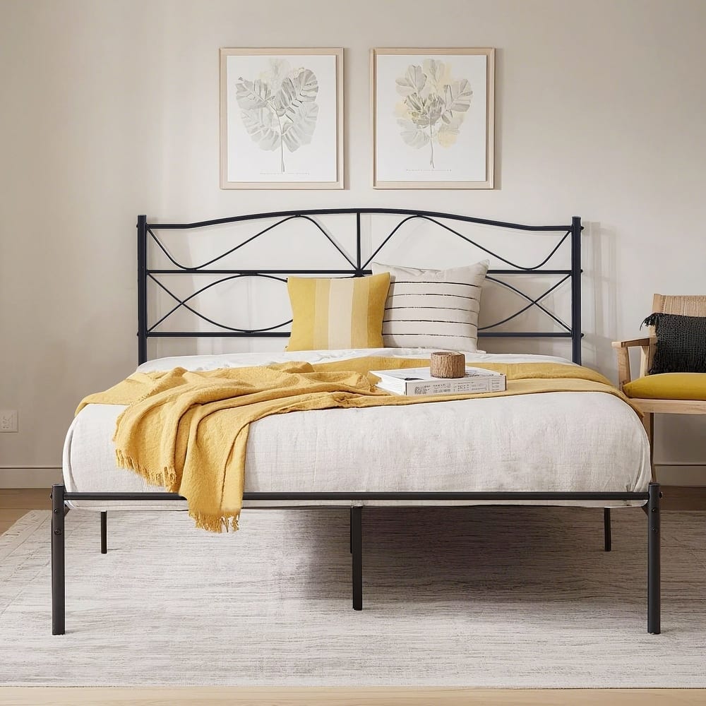 VECELO Wave Design Metal Bed Frame with 12.6" Underbed Storage High Headboard Industrial Platform Bed